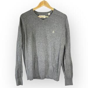 Original Penguin Pullover Sweater Men's Medium Gray V-Neck Long Sleeve Ribbed